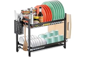 MXTIMWAN Escurridor de Platos, Escurreplatos Acero Inoxidable Cocina, Escurre Platos Armarios, 2 Niveles Escurridor Fregadero de Platos con Soporte para Tabla de Cortar et Bandejas de Goteo, Negro