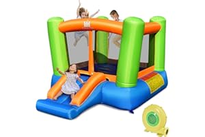 COSTWAY Bouncy Castle with Blower, Small Jumping Castle with Large Jumping Area and Slide, for 2 to 3 Children, Includes Carry Bag, Repair Kit, Pegs, 250 x 197 x 143 cm