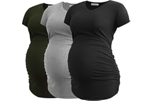 Smallshow Women's V Neck Maternity Clothes Tops Side Ruched Pregnancy T Shirt 3-Pack
