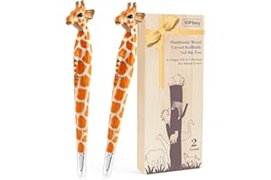 VIPbuy 2 Count 100% Handmade Wood Carved Refillable Gel Ink Pens, Novelty Refillable Writing Pens Office School Supplies, Giraffe