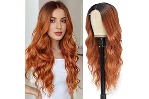 PORSMEER Lange Kupferrot mit dunklen Wurzeln Wellig Perücke,66cm Lace Mittelscheitel Lockige Perücke Natürliche Hitzebeständig Synthetische Perücke für Frauen Tägliche Party