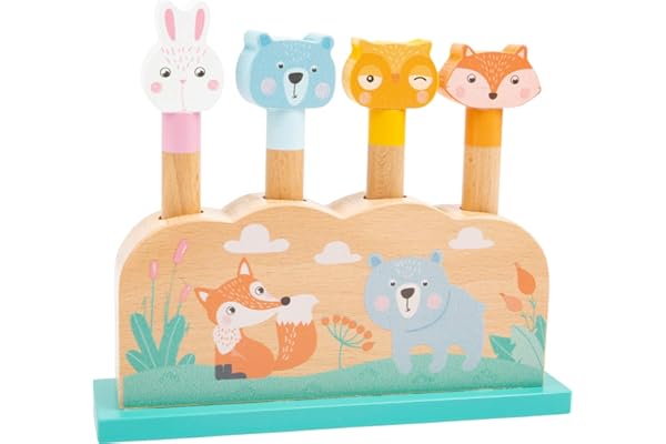 Small Foot 11474 Amusants Animaux de Saut en Bois, 4 Animaux Mignons à Pousser vers Le Bas Sautent Joyeusement dans L'air