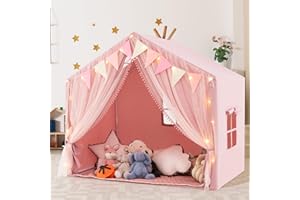 HOMASIS Tienda de Campaña Infantil con Colchoneta de Algodón, Casitas Infantil Tela de Interior con Luces, Cortina y Banderas, Cabañas para Niños a Partir de 3 Años, 146x96x133cm (Rosa)