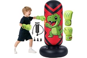 Ninonly Sac de Frappe pour Enfants Gonflable 130cm, Sac de Boxe sur Pied pour Enfants 3-8 Ans avec Gants de Boxe & Pompe à Air, Entraînement Karaté Taekwondo MMA, Design Cool de Dinosaure