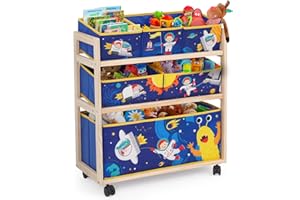 NUKied Organizer do przechowywania zabawek dla dzieci, 3-poziomowy, drewniany, z kółkami, 6 zdejmowanych pojemników do przechowywania, bardzo duża pojemność, regał na książki, stojaki ekspozycyjne,