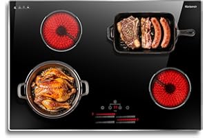 Karienvir Piano Cottura Vetroceramica 4 fuochi, Piano Cottura in Vetroceramica 4 Piastre da Incasso 77cm, Zona di espansione,9 livelli di potenza, Timer, Blocco di sicurezza, telaio in metallo, 6800W