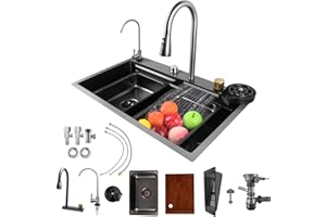 Fulgutonit Evier Cuisine Multifonction, Éviers de Cuisine Inox 1 Bac, Evier Multifonction de Lavabo Cuisine avec Extractible Robinetterie en Cascade Rinceuse en Verre (75x46cm)