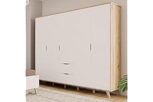 ‎FORTE Forte VANKKA Wardrobe 230, Skandi Cabinet with 5 Revolving Doors and 2 Drawers, Filigree Furniture Legs, Wood Composite, Planked Oak Wood Decoration, White, 228.8 cm Wide x 201.5 cm High x 52.7 cm