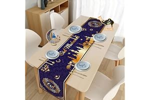 JODSEN Eid Mubarak Camino de Mesa, 180 x 38cm Ramadan Mantel Decoración de Mesa con Motivo de Estrella, Luna y Mezquita Islámico Eid Mantel para Decoración del Hogar Musulmán, Cena de Fiesta(Morado Oscuro)