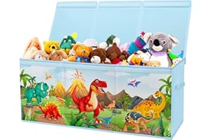 DECALSWEET Caja de Juguete Extra Grande con Tapa Abatible, Caja Almacenaje Oxford Plegable con Asa para Niños Niñas, Baúl Juguetes y Almacenamiento Impermeable Resistente, 96×32×40 (Volcán de dinosaurios)