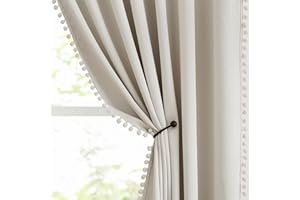 ABSTRACTEX Ivory Pom Pom Blackout Curtains for Bedroom 90 inch Long Beige Thermal Insulated Energy Saving Room Darkening Window Curtains for Living Room Guest Kids Girls Room Drapes 54"W 2 Panels Eyelet