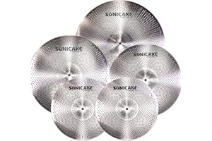 SONICAKE Zestaw talerzy o niskiej objętości, zestaw cichych talerzy 35 cm, Hi-Hat+40 cm, Crash 45 cm + 50 cm zestaw talerzy treningowych, 5 szt., srebrny
