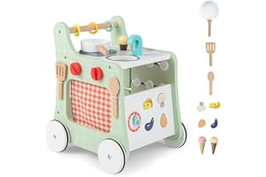 Fantaskk 6-i-1 gåstol av trä, läromedel med lekkök, lärour, formjustering och rörliga skjutreglage, barnkök baby walker med hjul för barn från 1 år
