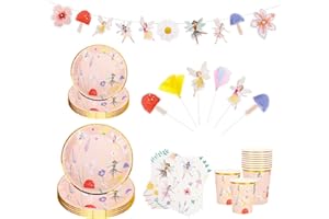 FALAFOTY Fee Pappteller Party Set, Party Supplies Dekorationen, Party Elf Thema Papier, Pappbecher, Tissue, Teller, La Banner, Kuchen Power Strip, Pappteller Party Anzüge für Kinder Geburtstag Party (Fee)