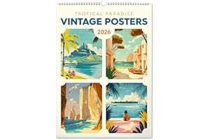 NOTIQUE Kalendarz ścienny 2026 w stylu vintage, plakat – tropikalny raj – egzotyczne krajobrazy i motywy plażowe – kalendarz ze zdjęciami 33 x 46 cm