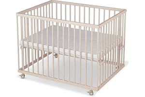 Sämann® Laufgitter 75x100 cm mit Matratze und Schlupfsprossen, stufenlos höhenverstellbar, Baby Laufstall, Buche, gummierte Rollen, natur Buche