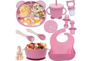 Kinyoda 10 sztuk, Silikonowy zestaw naczyń dla niemowląt, antypoślizgowy, z przyssawką, zestaw sztućców do nauki jedzenia z łyżką, widelcem, miską, śliniaczkiem, beżowy