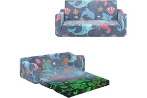 alldomess Convertible Sofa para Niños 2 en 1, Plegable Sofa Infantil Brilla en la Oscuridad para Niñas y Niños, Estable Silla Niño 2 Plazas para Dormitorio Sala de Juegos,Mundo Marino