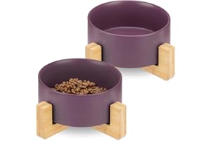 Navaris Ciotole Cani Gatti - 2 Ciotoline in Ceramica Rialzate 850ml con Supporti bambù per Animali Domestici - Scodella Rialzata Cane Gatto - Viola