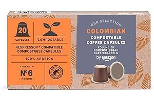 by Amazon Cápsulas de Café Compostables en Casa Compatibles con Nespresso, 100% Arábica Colombiana, 20 Unidades, Certificadas por Rainforest Alliance