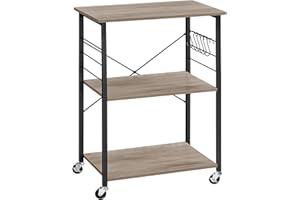VASAGLE Kitchen Shelf on Wheels, Serving Trolley with 3 Shelves, Microwave Shelf, for Mini Oven, Toaster, with 6 Hooks, Industrial Style, Greige and Black KKS060B02