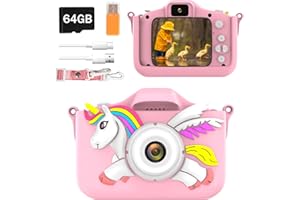 Adicop Aparat cyfrowy dla dzieci, aparat fotograficzny z kartą SD 64 GB, od 3, 4, 5, 6, 8, 7, 9, 10 lat, jednorożec, prezent dla dziewczynek, zabawka, prezent urodzinowy (jednorożec)