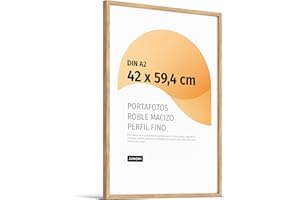 JUNOMI® Marco de fotos Premium de roble DIN A2 (42x59,4cm) – Madera auténtica, cristal sintético inastillable, perfil estrecho, diseño minimalista, uso vertical u horizontal