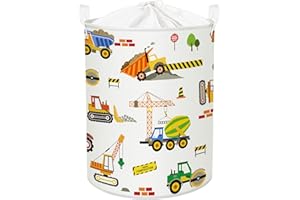 Clastyle 45L White Engineering Car Kids Laundry Basket Collapsible Excavators Truck Kids Washing Basket Round oy Storage Basket for Bedroom, 14.2x17.7 in
