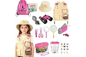 AMFUN Kit de Exploración para Niños 25 en 1,Rosa, Sombrero de Safari y prismáticos para niños, Equipo de Acampada para niños con Kit de exploración de escarabajos, con Chaleco de Safari,