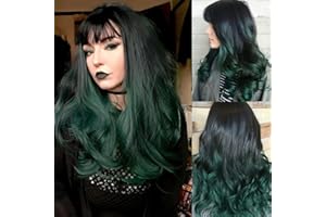 ‎SALAIBS Salaibs Schwarz Grün Lockige Damen Perücke mit Pony Dunkle Wurzel Lange Wellige Haar Perücke Cosplay Halloween Daliy Perücken