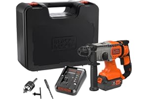 BLACK+DECKER Trapano a percussione a batteria SDS-Plus da 18V, batteria da 4,0Ah, caricabatterie da 2A, scatola del kit, impugnatura regolabile, luce LED, BCD900M1K-QW