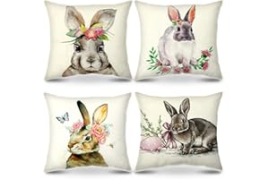 MELEAGER 4 poszewki na poduszki, na Wielkanoc, dekoracja wielkanocna, zajączki, jajka wielkanocne, len, dekoracyjne poszewki na poduszki, 45 x 45 cm, do sypialni, na sofę
