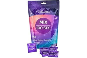 ‎VIBRATISSIMO VIBRATISSIMO Kondome Mix 100er Pack gemischt I gefühlsecht & extra feucht I für Men I Beutel dünne Wandstärke & Aromatisiert I hauchzart genoppt & gerippt