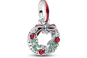 PANDORA Moments Weihnachtskranz Doppelter Charm-Anhänger aus Sterling-Silber mit künstlichem Kristall, Kompatibel ME und Moments, 794238C01