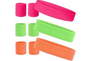 YKHSUAOU 9Stk Neon Schweißband Set 80er Jahre Stirnband 3 Farben Sport Stirnband mit Wristband Neon Schweissband Schweißband Handgelenk für Damen Herren Sport Fasching Karneval St. Patrick's Day