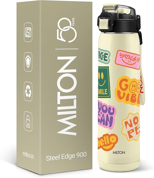 Milton Steel Edge 900 Thermoware Water Bottle 600 ml with One Touch Safety Lock & Twin Lid Sip or Gulp,Long Hours Hot & Cold,Leak Proof,ISI Certified,Vacuum Ins