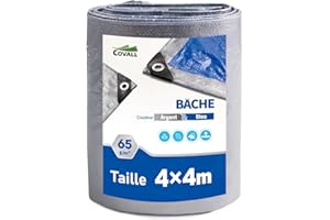 Covall Bâche de Protection Imperméable Exterieur 65g/m² Argent/Bleu légères 4x4m étanche Trous soudés aux Moisissures Multi usages UV pour Voiture Camion RV Maison Tente Bateau Piscine