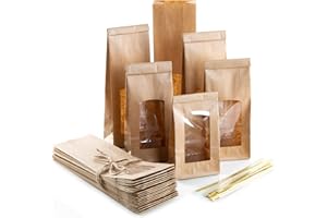 Logbuch-Verlag - 50 sacchetti di carta marrone con finestra e inserto in pellicola, da riempire e con clip di chiusura, adatti per uso alimentare, 26,5 x 8,5 x 5 cm