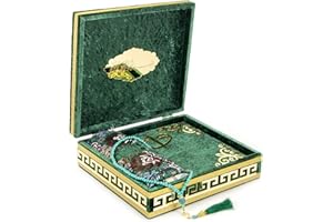 IHVAN ONLINE Luxury Islamic Prayer Velvet Covered Gift Box, Deluxe 4 Piece Set with Elegant Velvet Covered Quran & Prayer Beads Tesbih & Prayer Rug, Ramadan & Eid Gift, Green