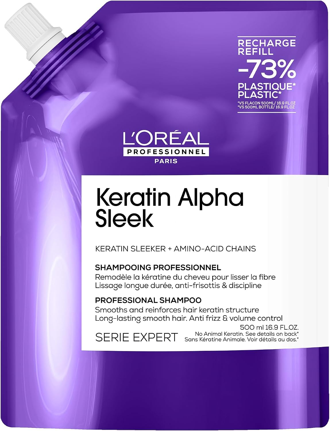 L'Oréal Professionnel Keratin Alpha Sleek Sulphate-Free Shampoo for Smoothing & Frizz Control, Hydration, Softness & Shine, Suitable for Coloured, Frizzy Hair, 500ml Refill