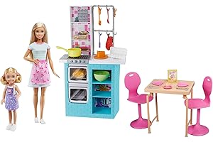 Barbie Sisters Baking Playset with Barbie Doll & Chelsea Doll, Kitchen Pieces, Dining Set & 15+ Accessories, Gift for 3 to 7 Year Olds, HBX03