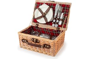 H&H, cestino picnic, set picnic per 2 persone, tartan, con piatti, set posate, bicchieri, apribottiglie, dimensioni 36x26x16 cm