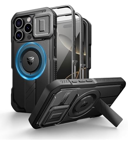 FNTCASE Custodia IPhone 16 Pro – Grado Militare Con Cavalletto, Protezione Schermo Integrata, TPU Opaco Nero