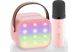 Karaoke Machine Kids, Newest Wowstar 4 in 1 Karaoke Machine Bluetooth Speaker with Wireless Microphone for Kid Adult, Voice Changer with LED Party Lights Toy Gift for Girl Boy Birthday Children（Pink）