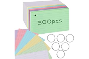 WOOWAIR Flashcards Tarjetas para Estudio, 300 Fichas para Notas con 6 anillo, Tarjetas de índice, Fichas de Cartulina Rayas Horizontales, 3" x 5", para Aprender Vocabulario Sobre la Marcha | 6 colores