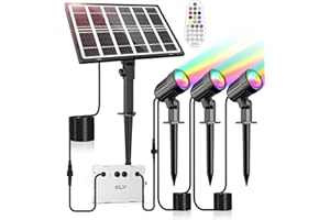 CLY Reflektor solarny RGB, lampa solarna RGB z pilotem IP66 Reflektor LED 10 kolorów 6 jasności 30 trybów dynamicznych Ściemnialny reflektor Funkcja pamięci timera Funkcja zmiany koloru 3 w 1