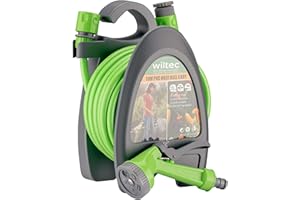 Wiltec Mini Dévidoir de tuyau PP Orange Tuyau 10 m en PVC 2 Connecteurs 3/8" Robinet 1/2" et 3/4" Buse réglable Enrouleur de tuyau Arrosage Jardin Accessoires Outillage Jardinage