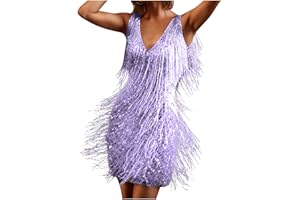 ALWYEANS Womens Mini Dress 1920s Flapper Fringe Dress Vintage Dance Dress V Neck Roaring Fancy Sequin Dress Sleeveless Costume Cocktail Party Dress Tassels Ballroom Salsa Samba Tango Latin Dance Dress
