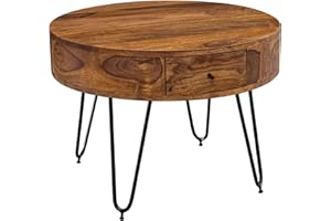 FineBuy kawowy FineBuy Sheesham lite drewno/metal 60x44,5x60 cm stół do salonu | Designowy stolik boczny z szufladami | Mały okrągły stolik do salonu w kolorze brązowym