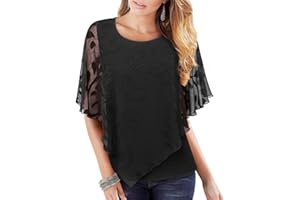 Vafoly Damen Chiffon Lose Fledermaus Bluse mit Kurzen Flatter ärmel Leichte Fließende Bluse Rundhalsausschnitt Doppellagige Poncho Tuniken